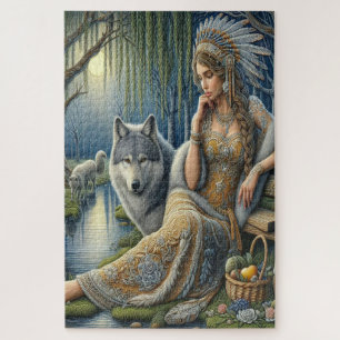 Mystical A Native American Woman With Wolves  Jigsaw Puzzle