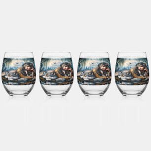 Mystical A Native American Woman With Wolves Stemless Wine Glass