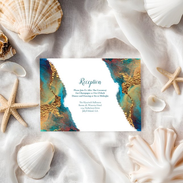 Mystical Abstract Teal Coral Gold Reception Enclosure Card (Creator Uploaded)