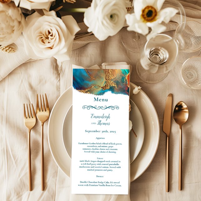 Mystical Abstract Teal Coral Gold Wedding Menu (Creator Uploaded)