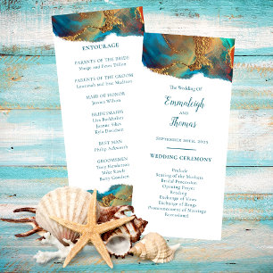 Mystical Abstract Teal Coral Gold Wedding Programme