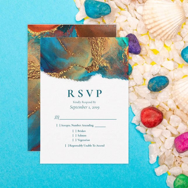 Mystical Abstract Teal Coral Gold Wedding RSVP (Creator Uploaded)