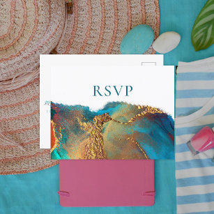 Mystical Abstract Teal Coral Gold Wedding RSVP Invitation Postcard