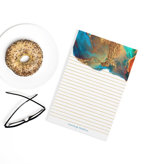 Mystical Abstract Teal Gold Monogram Lined Stationery (Creator Uploaded)