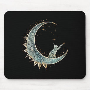 Mystical Aesthetic Cat Sitting On Crescent Moon Lu Mouse Mat