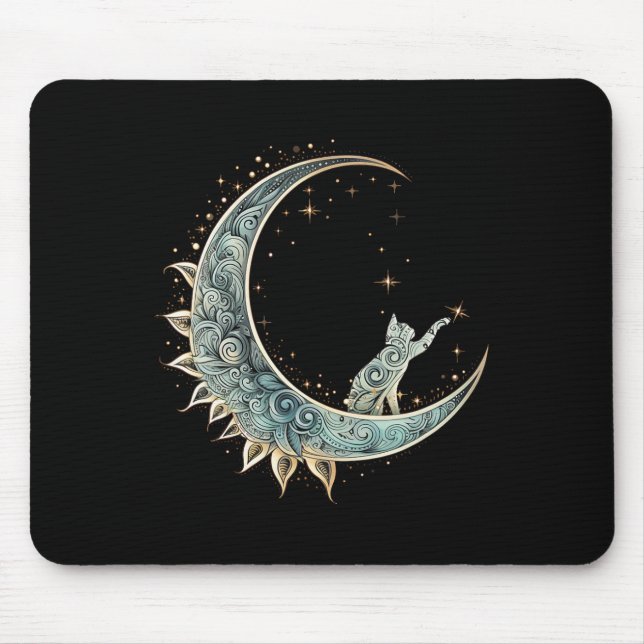 Mystical Aesthetic Cat Sitting On Crescent Moon Lu Mouse Mat (Front)