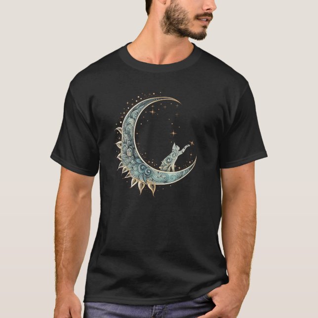 Mystical Aesthetic Cat Sitting on Crescent Moon Lu T-Shirt (Front)