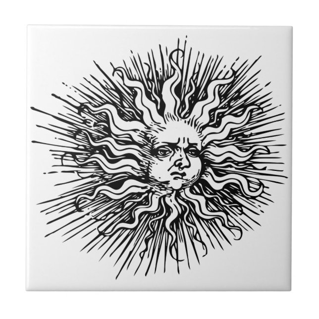 Mystical Antique Vintage Black White Sun Face Tile (Front)