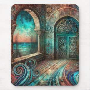 Mystical Archway with Ornate Doors and Ocean View Mouse Mat