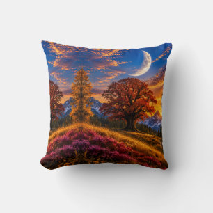 Mystical Autumn Oak Tree Crescent Moon  Cushion