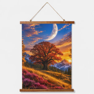 Mystical Autumn Oak Tree Crescent Moon Hanging Tapestry