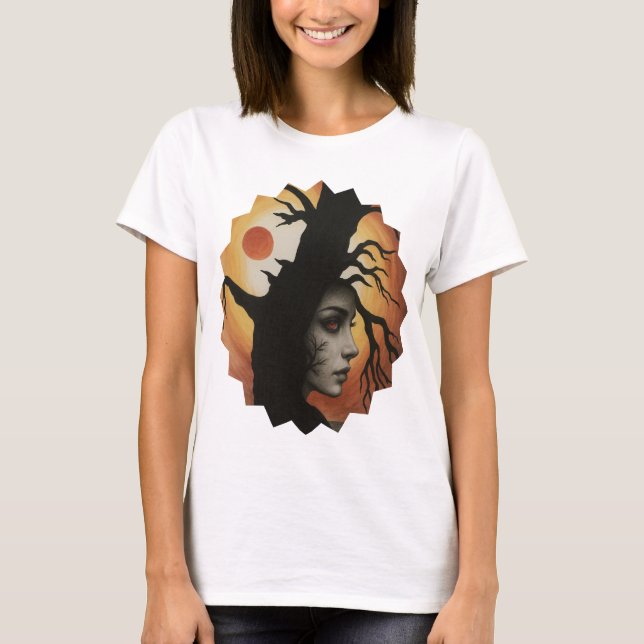 Mystical Autumn Tree Woman – Fantasy T-Shirt (Front)