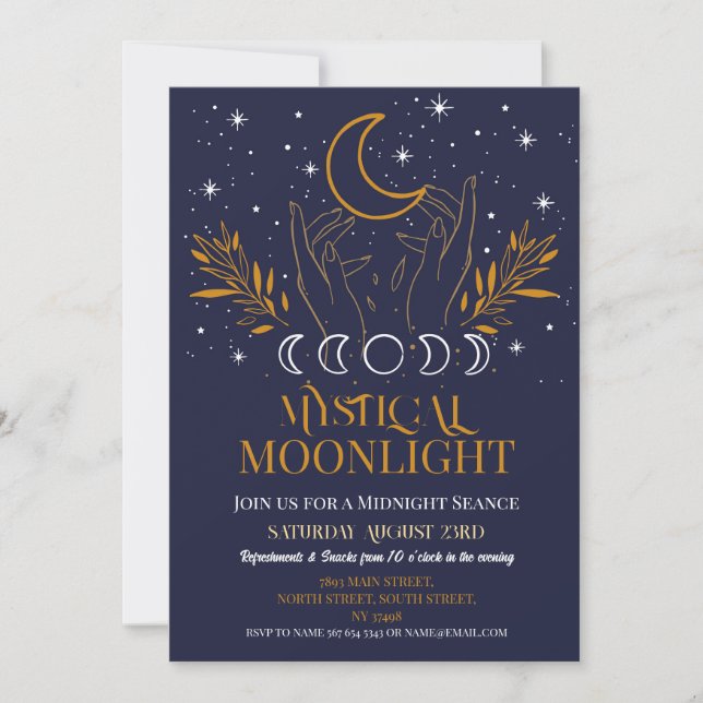 Mystical Birthday Navy Gold Moon Seance Spirits Invitation (Front)
