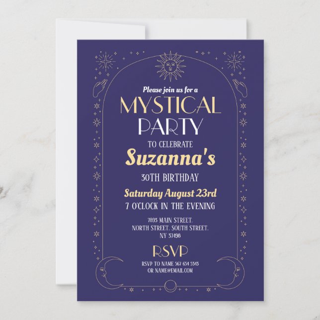 Mystical Birthday Navy Gold Sun Moon Party Invitation (Front)