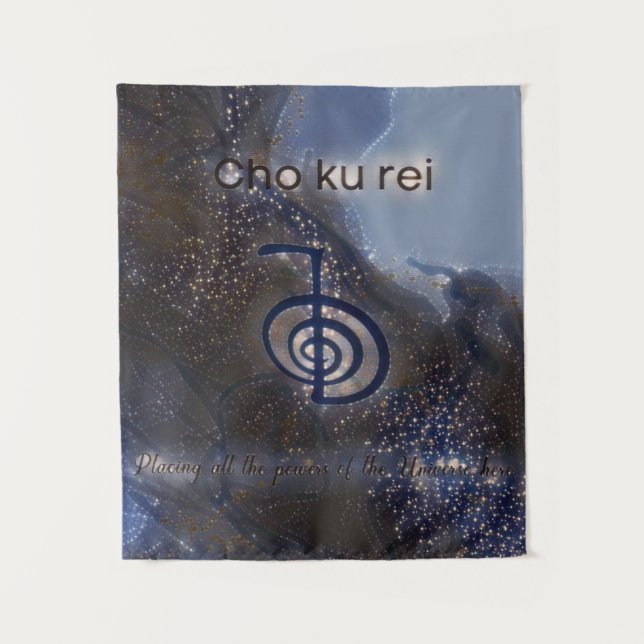 Mystical Black and Blue Reiki Symbol Cho Ku Rei Tapestry (Front)