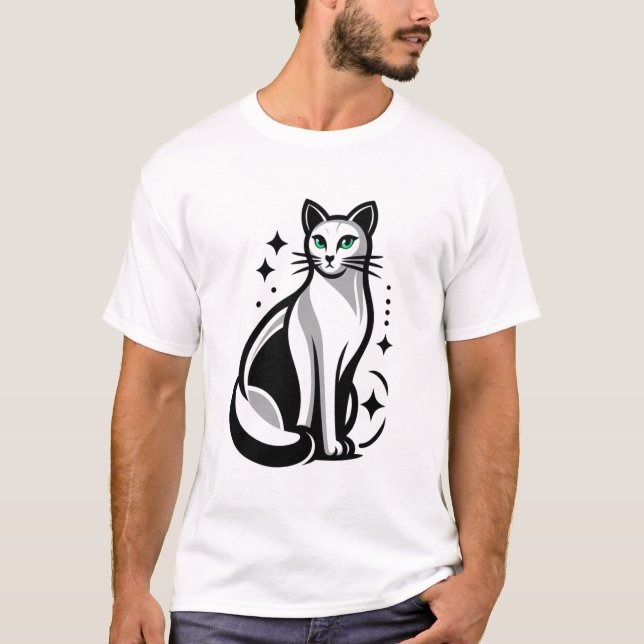 Mystical Black and White Cat with Green Eyes T-Shirt (Front)