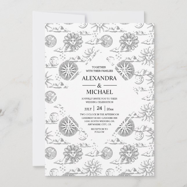 Mystical Black and white Celestial Stars Wedding   Invitation (Front)