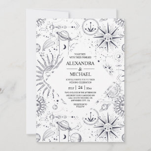 Mystical Black and white Celestial Stars Wedding   Invitation