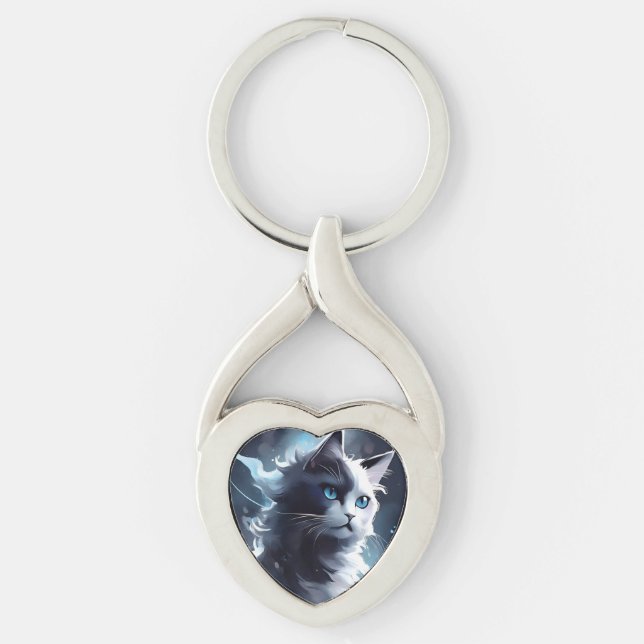 Mystical Black and White Kitten | Watercolor Cat Key Ring (Front)