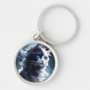 Mystical Black and White Kitten Watercolor Cat Key Ring