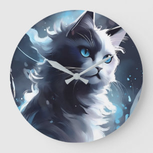 Mystical Black and White Kitten   Watercolor Cat Large Clock
