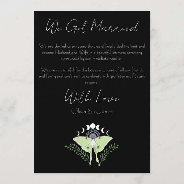 Mystical Black Boho Luna Moth Moon Phases  Invitation (Front)