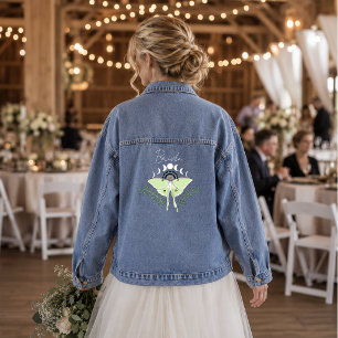 Mystical Black Boho Luna Moth Moon Phases Wedding Denim Jacket