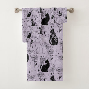 Mystical Black Cat and Butterfly Pattern Witchy Bath Towel Set