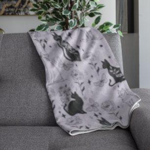 Mystical Black Cat and Butterfly Pattern   Witchy Fleece Blanket