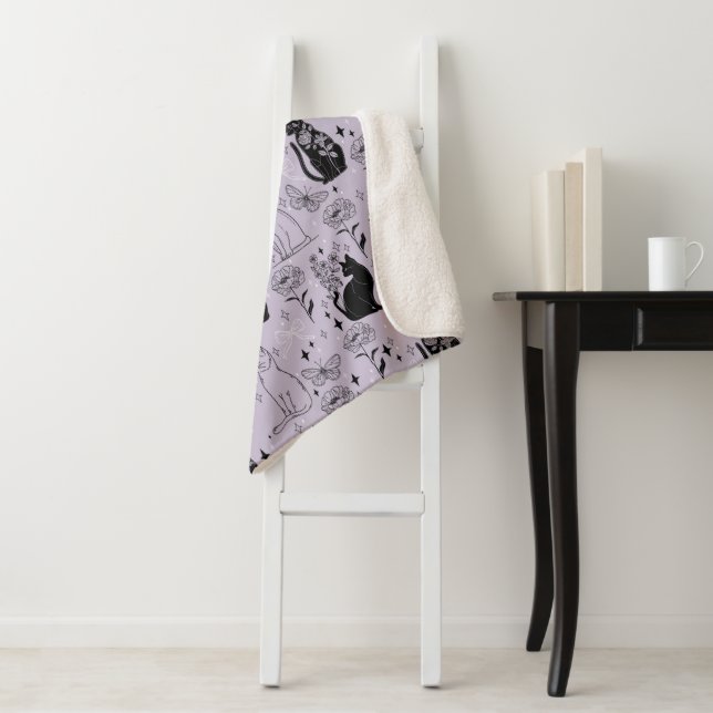 Mystical Black Cat and Butterfly Pattern | Witchy Sherpa Blanket (In Situ)