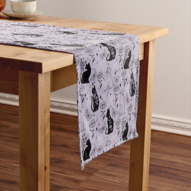 Mystical Black Cat and Butterfly Pattern | Witchy Short Table Runner (In Situ)