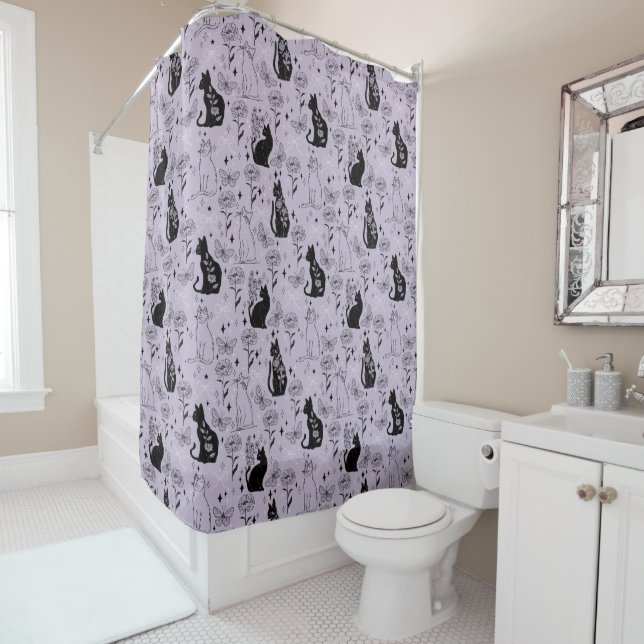 Mystical Black Cat and Butterfly Pattern | Witchy Shower Curtain (In Situ)