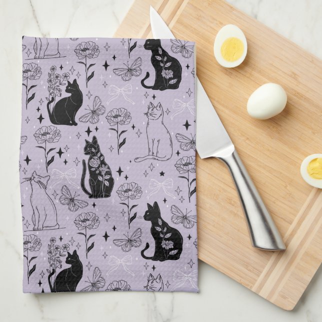 Mystical Black Cat and Butterfly Pattern | Witchy Tea Towel (Quarter Fold)