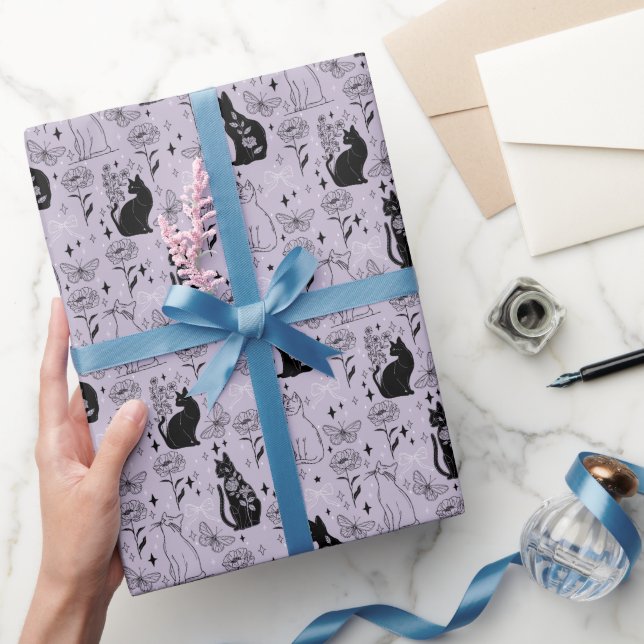 Mystical Black Cat and Butterfly Pattern | Witchy Wrapping Paper (Gifting)