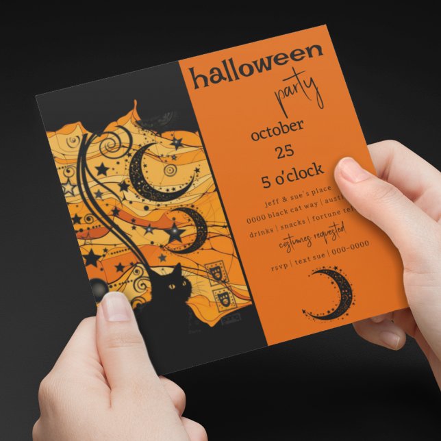 Mystical Black Cat and Celestial Symbols Halloween Invitation (Mystical black hat and celestial symbols on customizable Halloween Party Invitations )