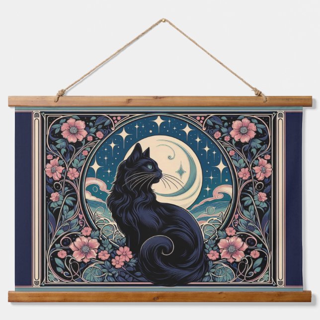 Mystical Black Cat Art Nouveau Hanging Tapestry (Front)
