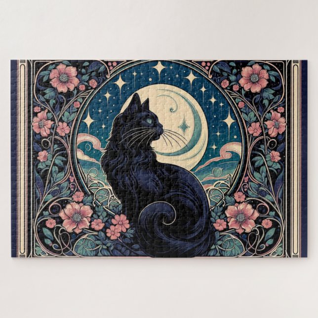Mystical Black Cat Art Nouveau Jigsaw Puzzle (Horizontal)