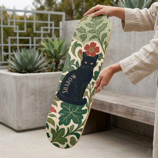 Mystical Black Cat Botanicals Green Foliage Autumn Skateboard