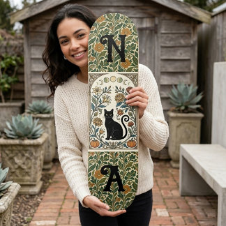 Mystical Black Cat Botanicals Moon Phase Monograms Skateboard