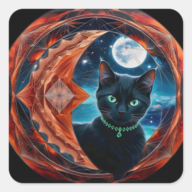 Mystical  Black Cat Celestial Mandala  Square Sticker (Front)