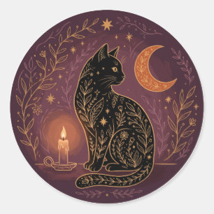 Mystical Black Cat Celestial Witchy Halloween Goth Classic Round Sticker