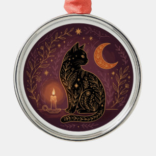 Mystical Black Cat Celestial Witchy Halloween Goth Metal Tree Decoration