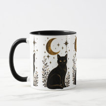 Mystical Black Cat Crescent Moon Stars Dark Gothic