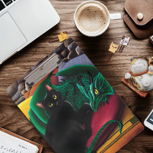 Mystical Black Cat Emerald Green Dragon Fantasy Clipboard
