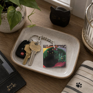 Mystical Black Cat Emerald Green Dragon Fantasy Key Ring