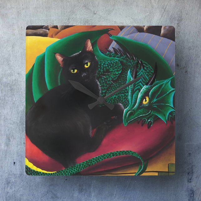 Mystical Black Cat Emerald Green Dragon Fantasy Square Wall Clock (Creator Uploaded)