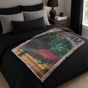 Mystical Black Cat Emerald Green Dragon Fantasy Throw Blanket