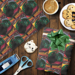 Mystical Black Cat Emerald Green Dragon Fantasy Wrapping Paper