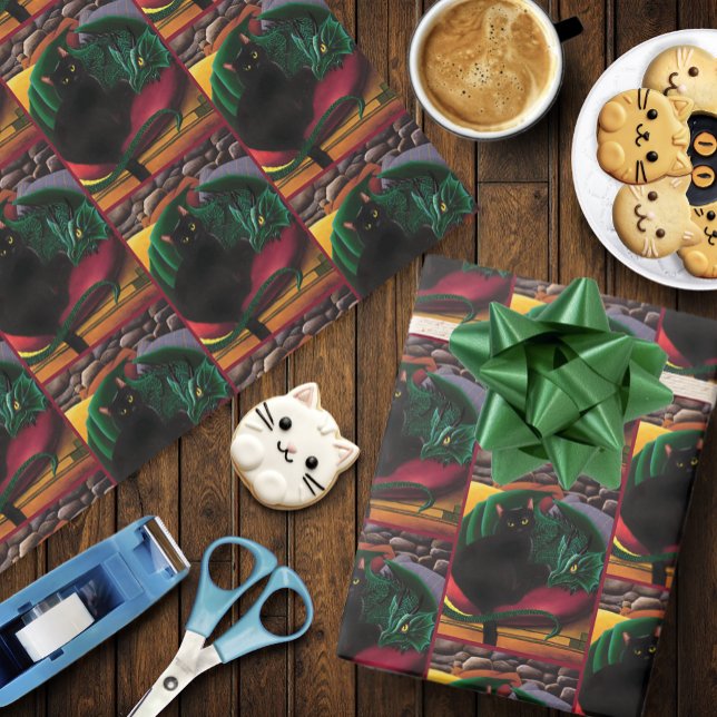 Mystical Black Cat Emerald Green Dragon Fantasy Wrapping Paper (Creator Uploaded)