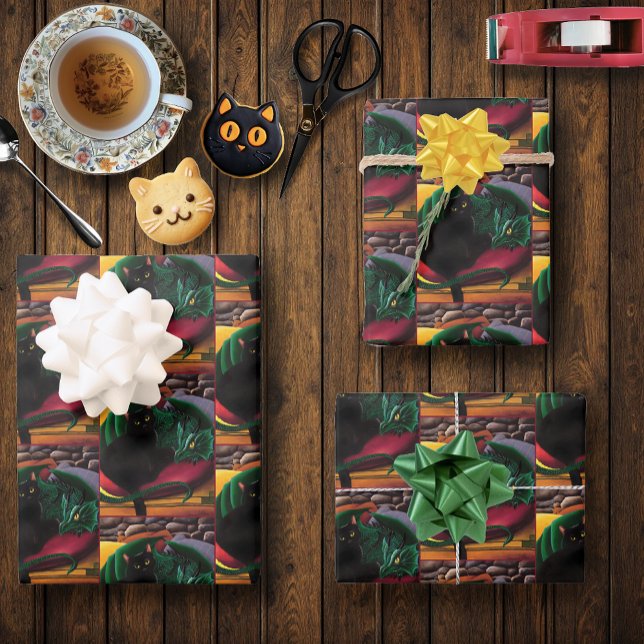 Mystical Black Cat Emerald Green Dragon Fantasy Wrapping Paper Sheet (Creator Uploaded)